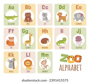 Cute cartoon zoo alphabet for kids. English alphabet cards with funny animals. Vector illustration