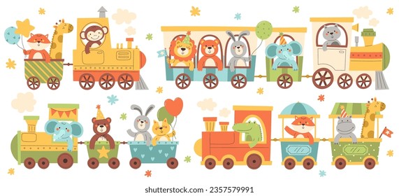 Cute cartoon zoo animal kid character riding on train locomotive set. Happy toy railway travel vector illustration. Funny cheerful lion, monkey, raccoon, hippo, bear, giraffe, bunny and fox travelling