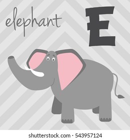 Cute cartoon zoo illustrated alphabet with funny animals: E for Elephant. English alphabet. Learn to read. Isolated Vector illustration.