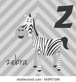 Cute cartoon zoo illustrated alphabet with funny animals: Z for Zebra. English alphabet. Learn to read. Isolated Vector illustration.