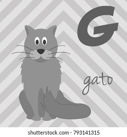 Cute cartoon zoo illustrated alphabet with funny animals. Spanish alphabet: G for Gato. Learn to read. Isolated Vector illustration.