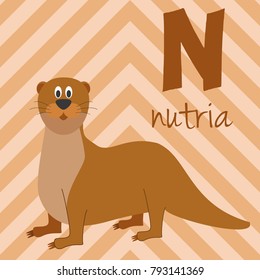 Cute cartoon zoo illustrated alphabet with funny animals. Spanish alphabet: N for Nutria. Learn to read. Isolated Vector illustration.