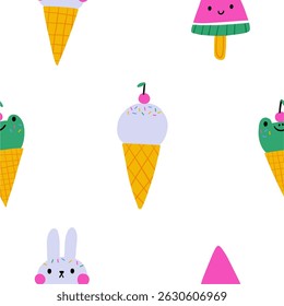 Cute cartoone ice cream - vector illustration in flat style. Playful deserts. Seamless pattern
