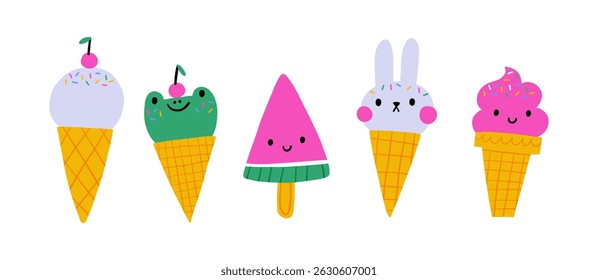 Cute cartoone ice cream - vector illustration in flat style. Playful deserts