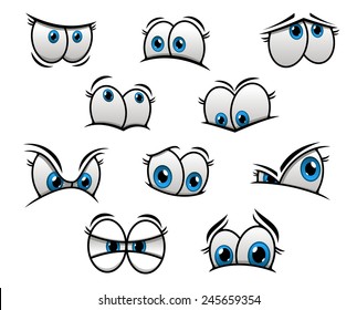 Cute cartooned big blue eyes with happy, fun, sad and angry emotions for creation of comic book characters