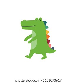 Crocodilo bonito e caricatural com uma cauda pontiaguda de cor arco-íris