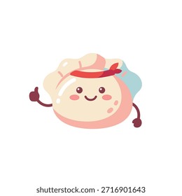 Um personagem bonitinho e caricatural com bochechas rosadas, rosto sorridente, braços e pernas, fazendo um gesto de polegar para cima. Ele usa uma faixa vermelha ao redor de sua cabeça.