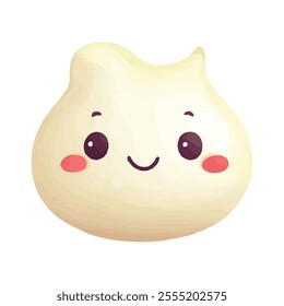 A cute, cartoonish dumpling with a smiling face and rosy cheeks.