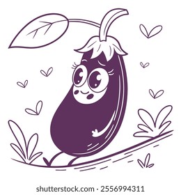 A cute, cartoonish eggplant character in a whimsical garden setting.