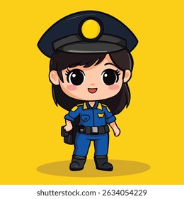 A cute, cartoonish female police officer with large eyes, smiling, in a blue uniform and hat.