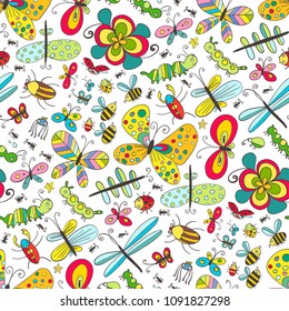 Cute cartoonish insects seamless pattern