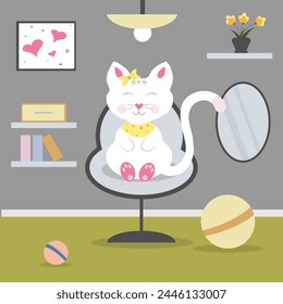 Cute, cartoonish. light cat sitting in a chair, a picture with hearts and shelves with books and a box, a flowerpot, a lamp at the top, balls on the floor, simple style, doodle, background