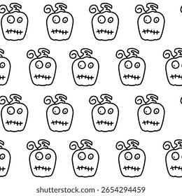 Cute cartoonish monsters with oversized eyes and stitched mouths create a playful pattern. Each monster features a unique quirky expression, enhancing the whimsical design.