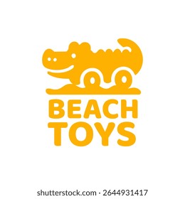 Cute, cartoonish, orange-yellow crocodile on wheels, with the words "Beach Toys" below it