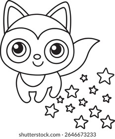 A cute, cartoonish outline of a fox-like creature with large eyes and a happy expression, surrounded by a trail of stars, isolated on a white background.