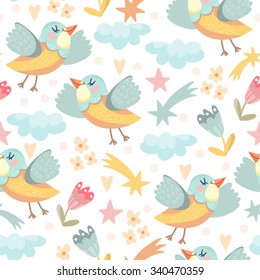 Cute cartoonish pattern of flying birds and clouds.