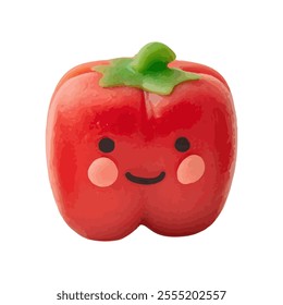 A cute, cartoonish red bell pepper with a smiling face and rosy cheeks.