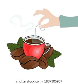 Cute, cartoonish, red cup with coffee beans. 
Man's hand holds teabag and makes tea. 
Decorative composition on a white background. Vector.