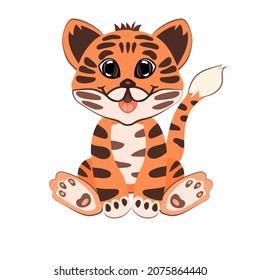 Cute cartoonish tiger sitting isolated on white background 