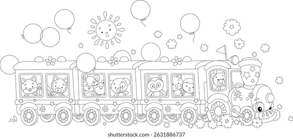 Bonito trem cartoonish com animais de bebê de brinquedo e balões de férias voando em torno de um dia de verão ensolarado, preto e branco esboço ilustração de desenho animado vetorial para um livro de colorir