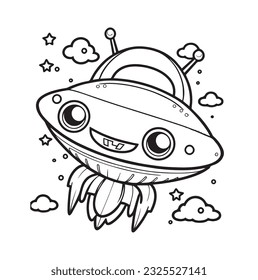 Cute cartoonish vector Spaceship in space. Line art, coloring book, illustration, black and white