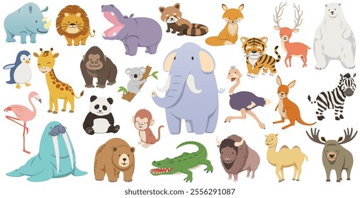 Cute Cartoonish Wild Animals Vector Illustration Set Isolated On A White Background. 