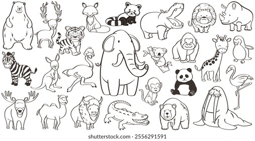 Cute Cartoonish Wild Animals Vector Monochrome Drawing Set Isolated On A White Background. 