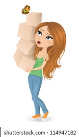 Cute cartoonish woman holding moving boxes.