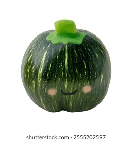 A cute, cartoonish zucchini with a smiling face and green top.