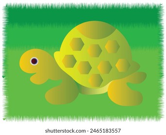 Cute Cartoonist Green Turtle on the grass isolated on white frame. Funny Tortoise cartoon. Editable clipart vector EPS available