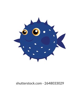 A cute, cartoonist puffer fish with big, expressive eyes and a friendly smile. Its round, blue body is covered in sharp spikes and small white dots, giving it a distinctive appearance.