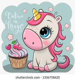 Cute Cartoonl-Einhorn mit Cupcake auf blauem Hintergrund