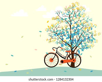 Cute cartoonn Spring landscape with tree and vintage bike with copy spcae, Vector spring tree with bicycle in colour pastel,  Spring or Summer time banner, card background  