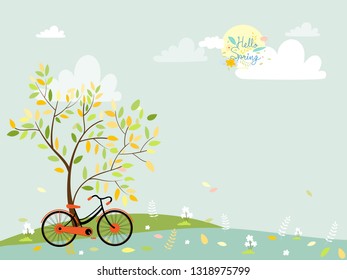Cute cartoonn Spring landscape with tree and vintage bike with copy spcae, Vector spring tree with bicycle in colour pastel,  Spring or Summer time banner, card background  