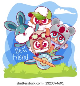 
Cute Cartoons animals are flying on a plane. Can be used for kids/babies shirt design, fashion print design,t-shirt, kids wear,textile design,celebration card/ greeting card, invitation card - Vector