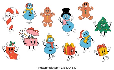 Cute Cartoons christmas mascot. Happy and cheerful emotions. Old animation 60s 70s, funny cartoon characters. Trendy illustration in retro style.