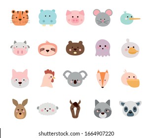 Cute cartoons flat style icon set design, Animal zoo life nature character childhood and adorable theme Vector illustration