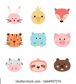 Cute cartoons flat style icon set design, Animal zoo life nature character childhood and adorable theme Vector illustration
