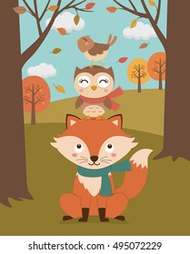 Cute cartoons fox, owl and bird illustration with autumn background