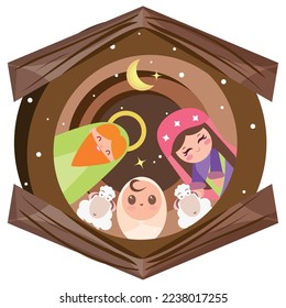 Cute cartoons of jesus, mary and joseph stable manger Vector