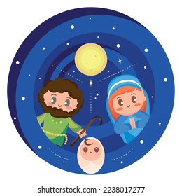 Cute cartoons of Joseph, Mary and Jesus on a stable at night Vector