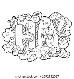 Cute cartoons in kawaii style. Coloring book anti-stress. Print for t-shirt