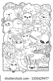 Cute cartoons in kawaii style. Coloring book anti-stress