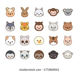 Cute cartoons line and fill style icon set design, Kawaii animals zoo life nature and character theme Vector illustration