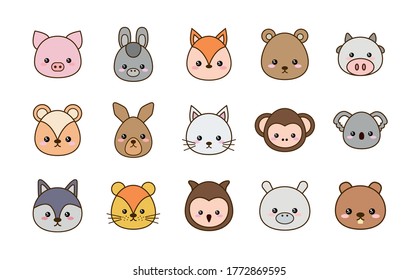 Cute cartoons line and fill style icon set design, Kawaii animals zoo life nature and character theme Vector illustration