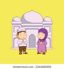 cute cartoons of moslem boy and girl characters with mosque backgrounds