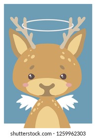 Cute cartoons style nursery vecor animal drawing of a guardian angel deer with halo and wings