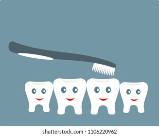 Cute cartoon`s style teeth and toothbrush on the blue background. Perfect for advertising of dental services. Vector illustration