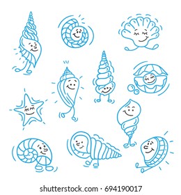 Cute cartoons. Vector illustration on the white background. Icons of sea animals in line style 