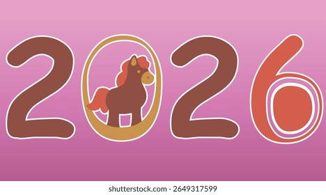 Cute cartoon-style 2026 New Year design with a pony inside the number zero on a pink gradient background. Perfect for calendars, greeting cards, and New Year decorations. Vector illustration EPS10